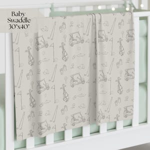 Elegant golf-themed baby blanket and decor for grandparents to gift their future golfer. Beige Vintage golf baby swaddle.