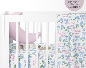 Lazos de ropa de cama de hortensias, regalo para baby shower, manta para envolver con nombre de bebé, sábana de cuna de hortensias, manta personalizada para niña