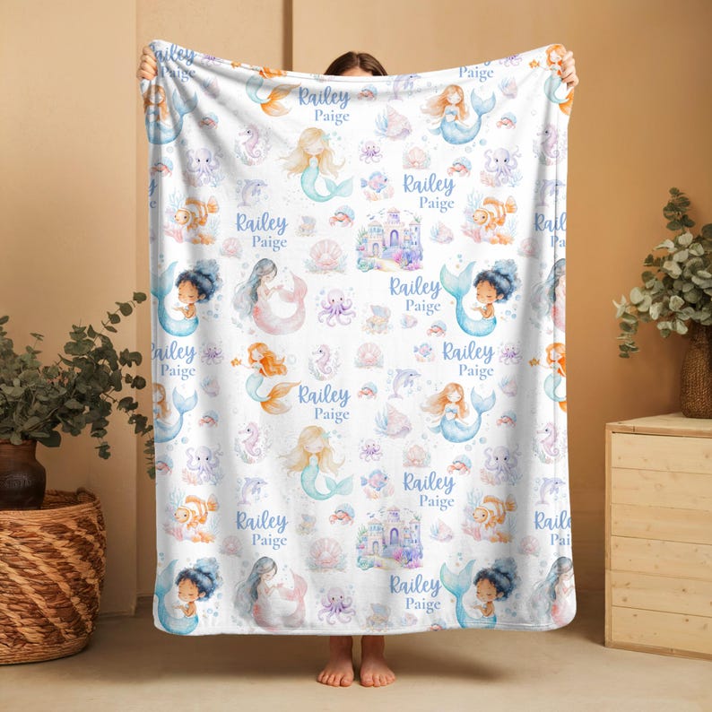 Mermaid baby blanket with baby name on, Mermaid nursery decor blanket idea. Nice gift for first birthday, gift for baby girl or gift for toddler. Super soft blanket.