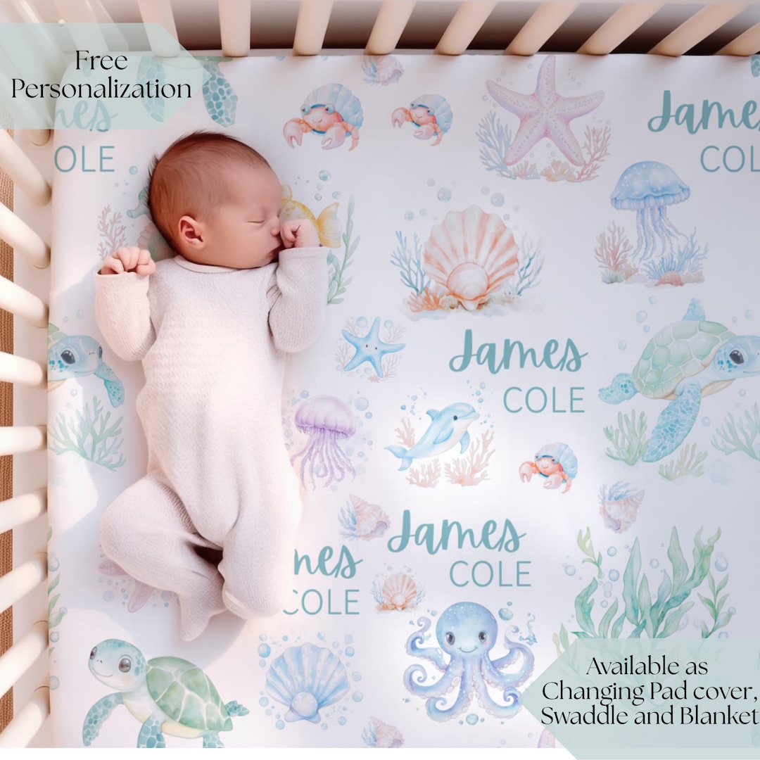 Ocean Crib Sheet Ocean Theme Nursery Decor Custom Name Baby Blanket ...