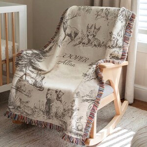 Woodland Blanket for boy Gift Personalized baby blanket Vintage Woodland Nursery decor woodland room woodland Baby Shower Gift for Toddler Woven Fringe 50"x60"