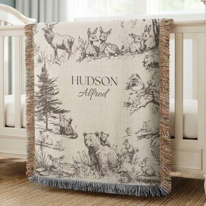 Woodland Blanket for boy Gift Personalized baby blanket Vintage Woodland Nursery decor woodland room woodland Baby Shower Gift for Toddler Woven Fringe 37"x52"