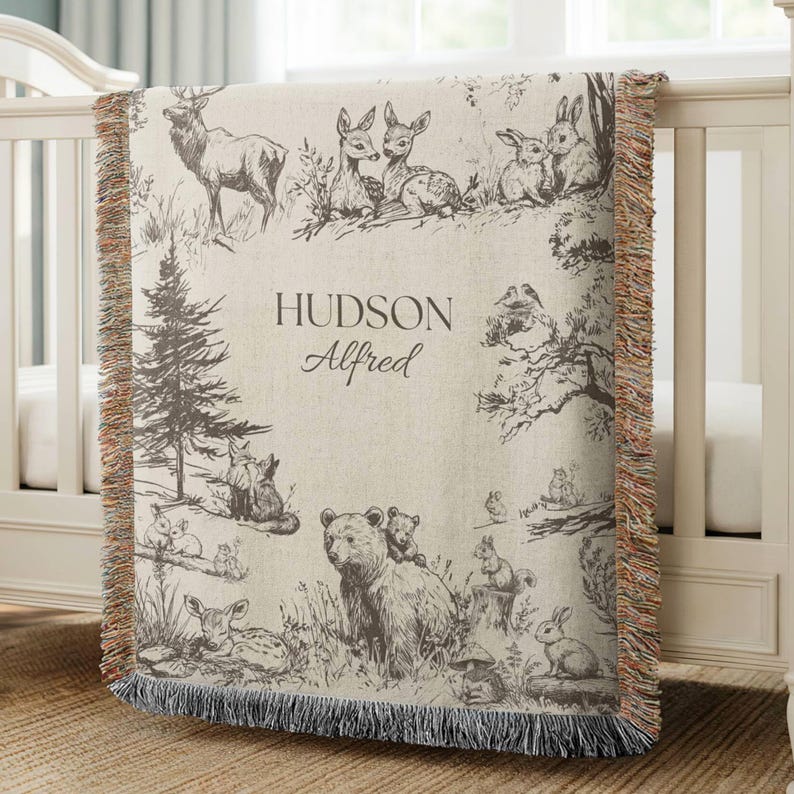 Woodland Blanket for boy Gift Personalized baby blanket Vintage Woodland Nursery decor woodland room woodland Baby Shower Gift for Toddler Woven Fringe 37"x52"