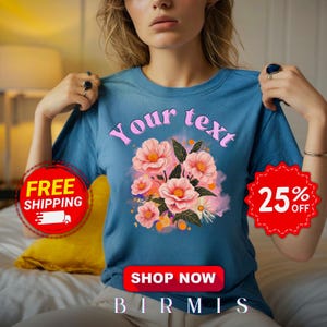 Camiseta personalizada com texto floral, camiseta personalizada com cores confortáveis para faculdade, camisa retrô personalizada para time, adicione seu próprio texto, frete grátis