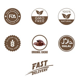 以下が含まれることがあります： FDA Approved、GMO Free、100% Natural、Gluten Free、カカオ豆のイラスト付きのOriginal Cacao、Halal、そしてスウッシュグラフィックを伴うFast Deliveryの文字が描かれた、茶色の円形アイコンのコレクション。