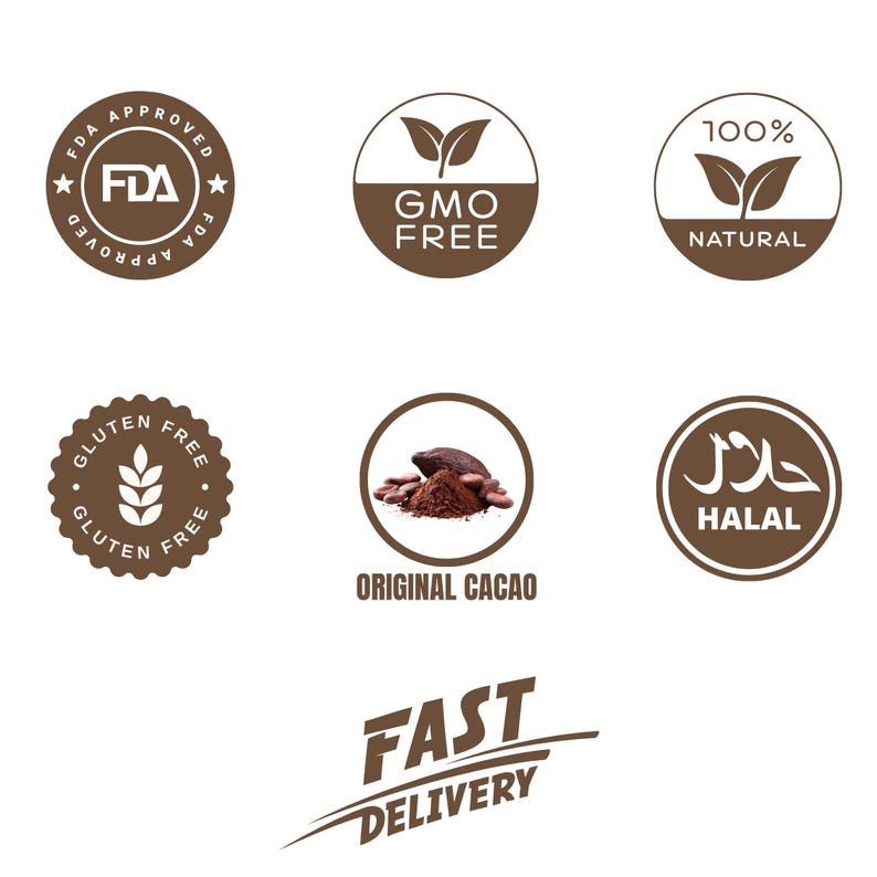 以下が含まれることがあります： FDA Approved、GMO Free、100% Natural、Gluten Free、カカオ豆のイラスト付きのOriginal Cacao、Halal、そしてスウッシュグラフィックを伴うFast Deliveryの文字が描かれた、茶色の円形アイコンのコレクション。
