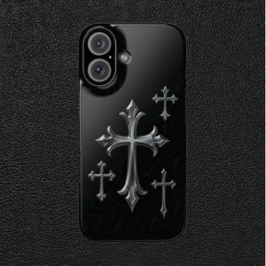 Chrome Heart Style Gothic Cross iPhone case - Y2K Aesthetic Rock Style Cover, Silver Edgy Grunge Accessory, Slim Protective Gift for Her