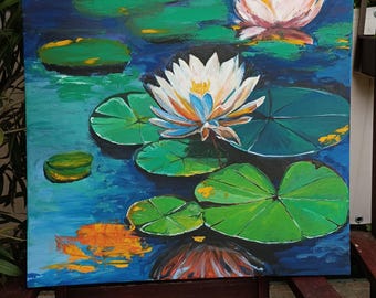 手作りの睡蓮の絵画：オリジナルの花のキャンバスアート（56 x 56 cm 