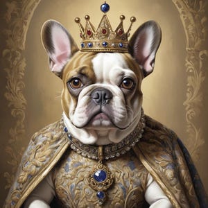 May include: A French Bulldog wearing a gold crown with blue and red jewels, a gold necklace with a large blue jewel pendant, and a gold and blue patterned robe.
