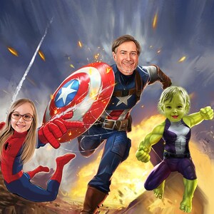 Ritratto personalizzato di Hulk, fumetto personalizzato di Hulk, Capitan America, Spiderman, illustrazione personalizzata in stile fumetto