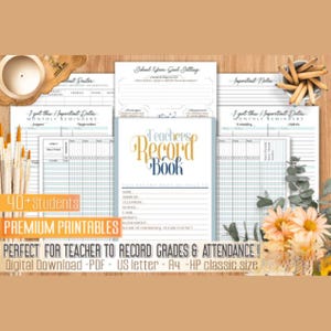 Libro de registro docente imprimible: control de asistencia y calificaciones / Páginas editables en 4 colores / PDF + JPG / Tamaños A4 y carta (EE. UU.)