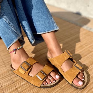 Handmade Double Buckle Slides Sandals For Women | Double Strap Mule with Cork Footbed & Arch Support | Comfortable Summer Slip-On Shoes