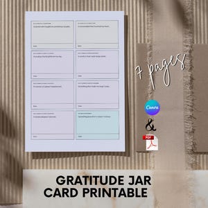 Gratitude Jar Card Printable | Printable PDF and Canva Template | Daily Reflection Prompts for Journaling or Display