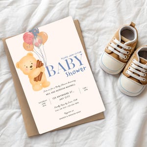 Invito per baby shower con palloncini e orsetti, invito per baby shower con orsacchiotto, biglietto per baby shower con tema palloncini, modello Canva modificabile