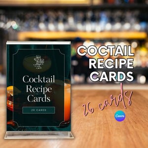 Schede di ricette per cocktail / 26 drink / Modello Canva modificabile + PDF stampabile / Decorazioni per bar e feste