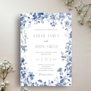 Faire-part de mariage fleurs toile | Modèle de toile modifiable | Design floral bleu élégant