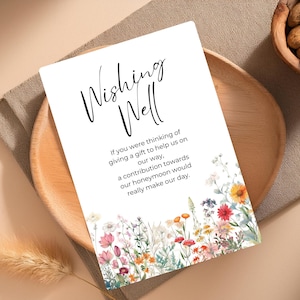 Pacote de Cartões Poço dos Desejos com Flores Silvestres | Modelo Editável do Canva | 17 Opções de Texto | Encarte Colorido para Casamento no Jardim