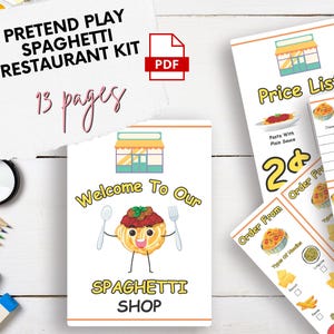 Fantasiespel Spaghetti Restaurantset | Afdrukbare pdf | Dramatic Play Pastawinkel voor kinderen | Rollenspel-bestelformulieren en menu's