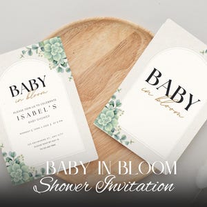 Invitación para baby shower "Baby in Bloom" / Plantilla de Canva / Invitación floral con suculentas