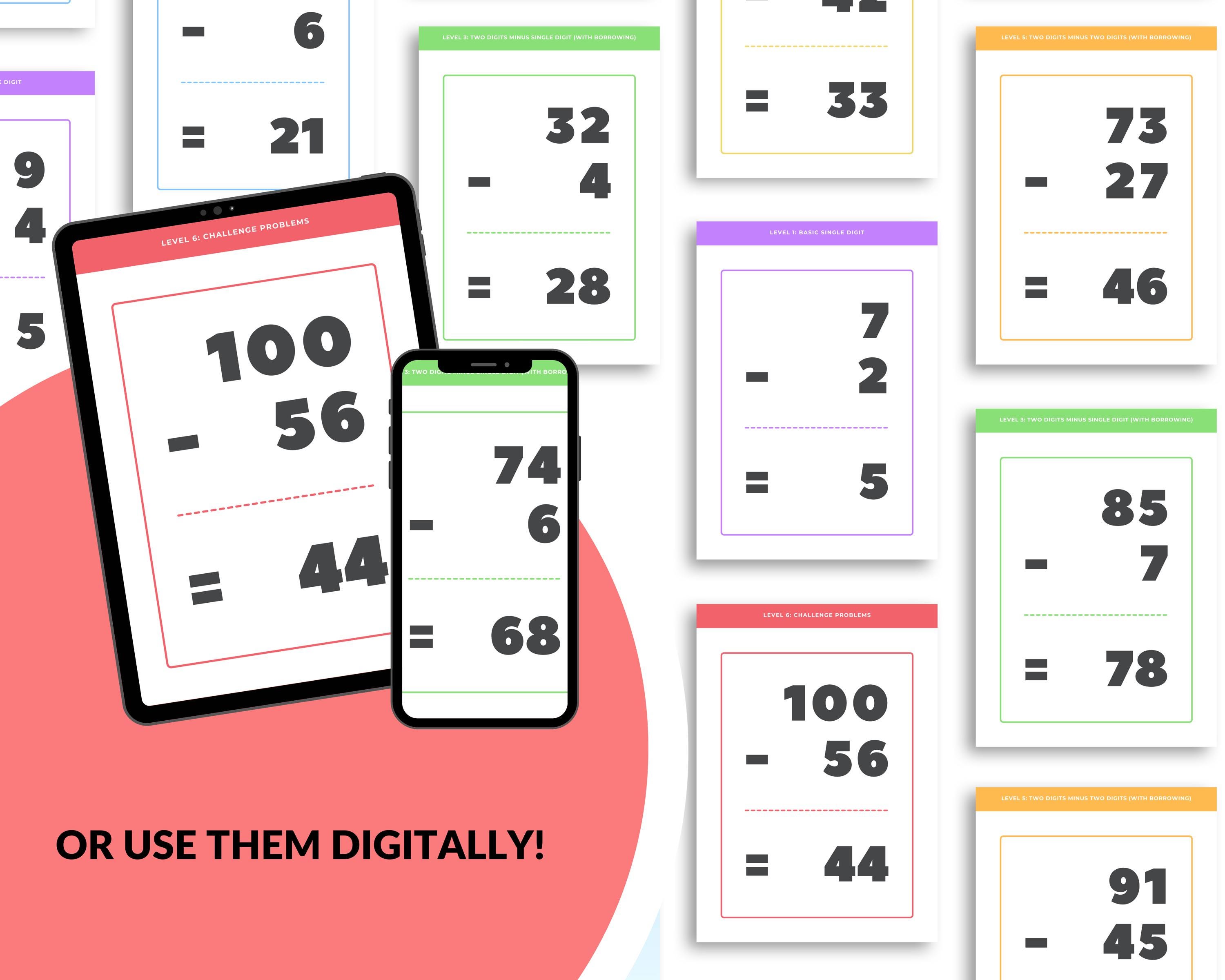 Math Made Easy: 100 Subtraction Flash Cards - Printable PDF for