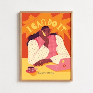 Könnte beinhalten: Illustration einer Person mit dunklen Haaren und Haut, die ihren Kopf auf ihre Hand stützt, mit einer Träne, die herunterfällt. Das Bild enthält einen rosa Laptop, eine Kaffeetasse und den Text "I CAN DO IT" und "But first I'll cry."