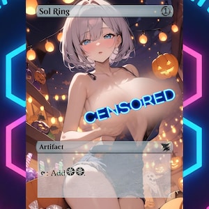 May include: A collectible trading card titled Sol Ring featuring an illustration of a character with short light hair, blue eyes, and denim shorts. The card includes the text Sol Ring, Artifact, and the symbol for adding two colorless mana.