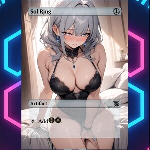May include: A fantasy card featuring a woman with gray hair and blue earrings. The card is labeled "Sol Ring" and "Artifact." The woman is wearing black lingerie. The card has a mana cost of (1) and the text "Add" followed by two mana symbols.