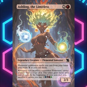 May include: A fantasy card featuring "Ashling, the Limitless," a Legendary Creature - Elemental Sorcerer. The artwork depicts a female figure with fiery hair and glowing orbs of energy. The card's text details its abilities and stats, with a power/toughness of 2/3.