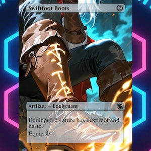 May include: A fantasy card featuring Swiftfoot Boots. The artwork depicts brown leather boots with glowing runes, worn by a figure in blue jeans. The card is labeled "Artifact - Equipment" with text about hexproof and haste.
