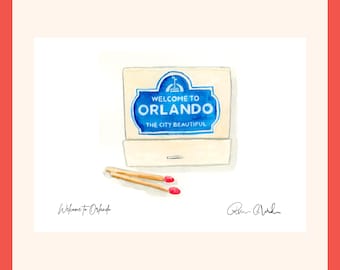 Minikonsttryck av Lake Eola Orlando | Akvarell i vintage-stil med Matchbook-motiv | Väggkonst i Orlando | Souvenir i Florida | Konsttryck av Orlando | Matchbook-konst