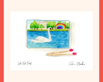 Minikonsttryck av Lake Eola Orlando | Akvarell i vintage-stil med Matchbook-motiv | Väggkonst i Orlando | Souvenir i Florida | Konsttryck av Orlando | Matchbook-konst