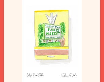Minikonsttryck från College Park Publix | Akvarell i vintage-stil med tändsticksboksmotiv | Väggkonst från Orlando | Souvenir från Florida | Konsttryck från Orlando