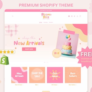 May include: A website design with a pink and white color scheme, featuring the text "Premium Shopify Theme." The site showcases a cake, shopping bag, and the words "New Arrivals," "Shop the Sale," "Gift Ideas," and "Best Sellers."