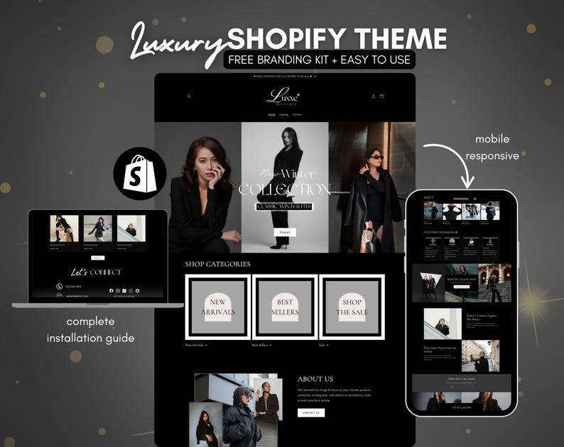 Luxury Shopify Theme – Black Aesthetic Website Template + Free Canva Branding Kit | Shopify Store Design | Fashion, Beauty & Boutique Ready