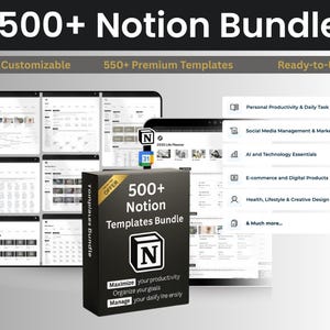 Paquete de más de 500 plantillas premium de Notion / Personalizables / Productividad, finanzas, planificación y organización de la vida / Descarga digital