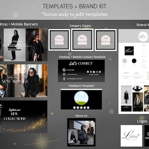 May include: A digital marketing template set with a dark gray background. The templates include desktop and mobile banners, category covers, a brand kit, and contact information. The text includes "Templates + Brand Kit" and "Explore our NEW COLLECTIONS."