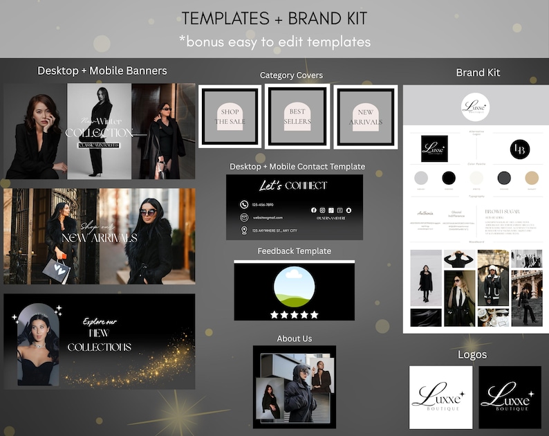 May include: A digital marketing template set with a dark gray background. The templates include desktop and mobile banners, category covers, a brand kit, and contact information. The text includes "Templates + Brand Kit" and "Explore our NEW COLLECTIONS."