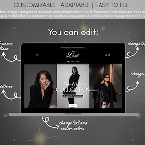 May include: A laptop displays a website template with a black and white aesthetic. The text "CUSTOMIZABLE | ADAPTABLE | EASY TO EDIT" is at the top. Arrows point to areas that can be edited, including text, colors, and sections. The website showcases luxury products.