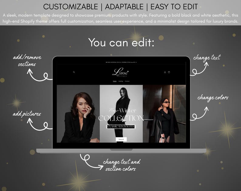 May include: A laptop displays a website template with a black and white aesthetic. The text "CUSTOMIZABLE | ADAPTABLE | EASY TO EDIT" is at the top. Arrows point to areas that can be edited, including text, colors, and sections. The website showcases luxury products.