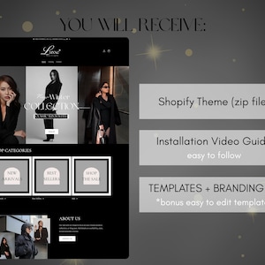 May include: A black and white website design with the text "Luxe Boutique" and "You Will Receive". The website showcases a winter collection and shop categories. Additional text includes "Shopify Theme", "Installation Video Guide", and "Templates + Branding Kit".