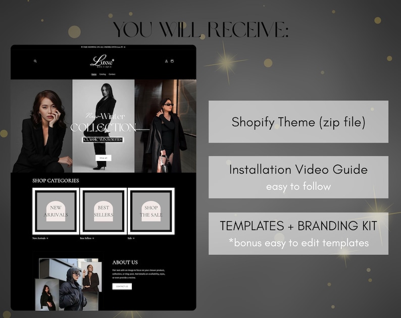 May include: A black and white website design with the text "Luxe Boutique" and "You Will Receive". The website showcases a winter collection and shop categories. Additional text includes "Shopify Theme", "Installation Video Guide", and "Templates + Branding Kit".