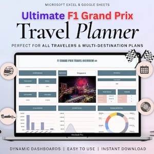 May include: A MacBook Pro displaying a travel planner for the F1 Grand Prix. The screen shows data visualizations and the text "Ultimate F1 Grand Prix Travel Planner". The image includes icons of a race car, helmet, and checkered flags.