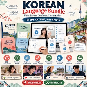 Könnte beinhalten: Ein Koreanisch-Sprachlernpaket mit mehreren Lehrbüchern, einem Tablet, einem Smartphone und einem Laptop, die Lerninhalte anzeigen. Das Set enthält Audiolektionen, Vokabelkarten und Übungsmaterialien für Anfänger bis Fortgeschrittene.