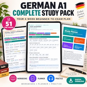 Pode incluir: Um pacote de estudo completo de alemão A1 em download digital com três telas de tablet exibindo conteúdo educacional, listas de vocabulário e um planejador. O conjunto inclui 51 páginas PDF, cadernos de exercícios, um planejador e materiais.