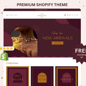 May include: A website design for a jewelry store, featuring a burgundy and gold color scheme. The homepage displays a model wearing a pearl necklace, with the text "Shop Our New Arrivals." Additional sections include "Best Sellers" and "Shop the Sale."