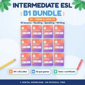 Puede incluir: Un paquete de inglés intermedio B1 para adolescentes y adultos con 12 lecciones sobre temas como personalidad, trabajo y medio ambiente. Incluye materiales de lectura, expresión oral y escrita, 12 juegos de preguntas, pruebas y certificado.