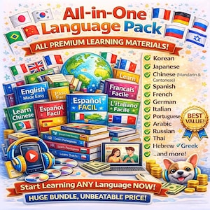Op de afbeelding: Een illustratie die een taalleerpakket promoot. De afbeelding toont stapels boeken in verschillende talen, een laptop, koptelefoon en vlaggen. Tekst bevat "All-in-One Language Pack" en "Start Learning ANY Language NOW!"