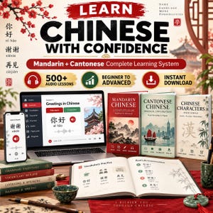 Könnte beinhalten: Ein umfassendes Chinesisch-Lernsystem mit Laptop und Smartphone für digitale Lektionen, drei gedruckten Lehrbüchern, einem Vokabelheft und einem Kalligrafiepinsel vor einem Hintergrund mit traditionellen Motiven.