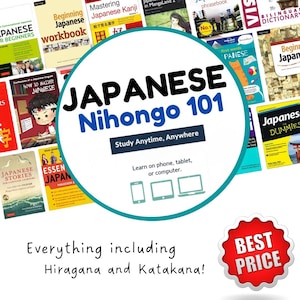 May include: An assortment of Japanese language learning books, including workbooks and phrasebooks. The central image displays "JAPANESE Nihongo 101" in a circular design, with the text "Study Anytime, Anywhere" below it.