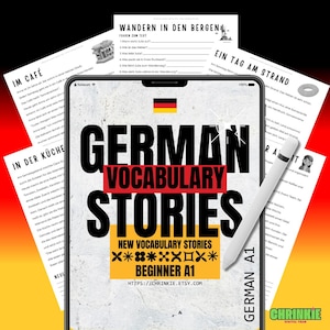 Pode incluir: Um tablet digital exibindo o título GERMAN VOCABULARY STORIES BEGINNER A1 com um ícone de bandeira alemã e uma caneta stylus branca sobre a tela. Atrás do tablet, há várias folhas de papel branco com texto em alemão e exercícios de leitura.